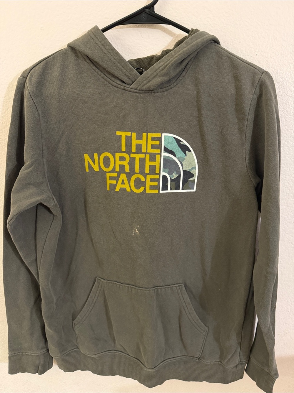 The North Face Olive Green Kids Hoodie with Yellow Logo & Camo Accent